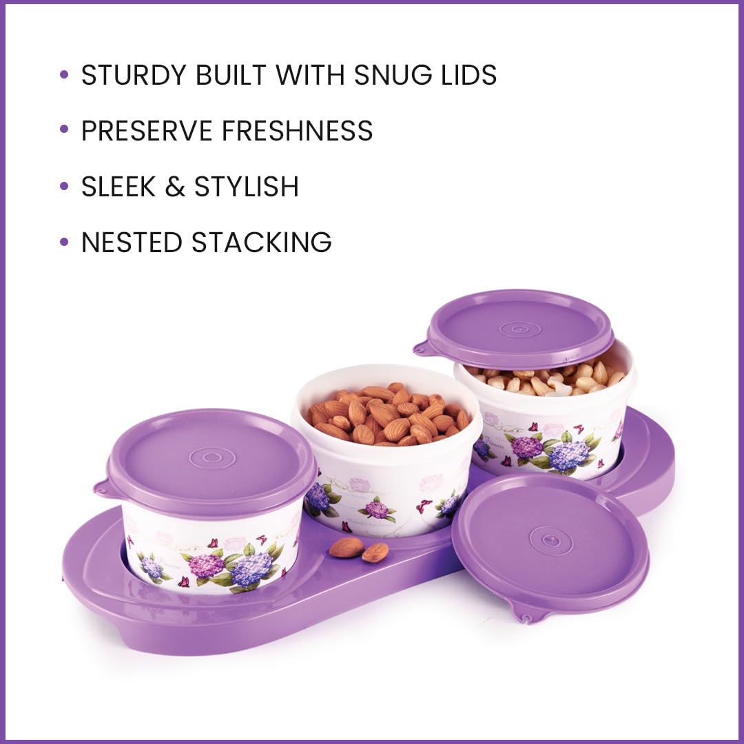 oliveware Ruby Dry Fruit Container Tray with Airtight Lid, BPA Free, For Snacks & Dry Fruits, 3 Containers (450ml) each - Voilet