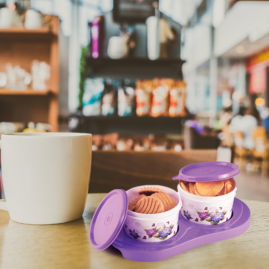 oliveware Breeze Floral Print Serving Container & Tray With Airtight Lid, BPA Free, 2 Containers (500ml) each, For Snacks & Dry Fruits - Voilet