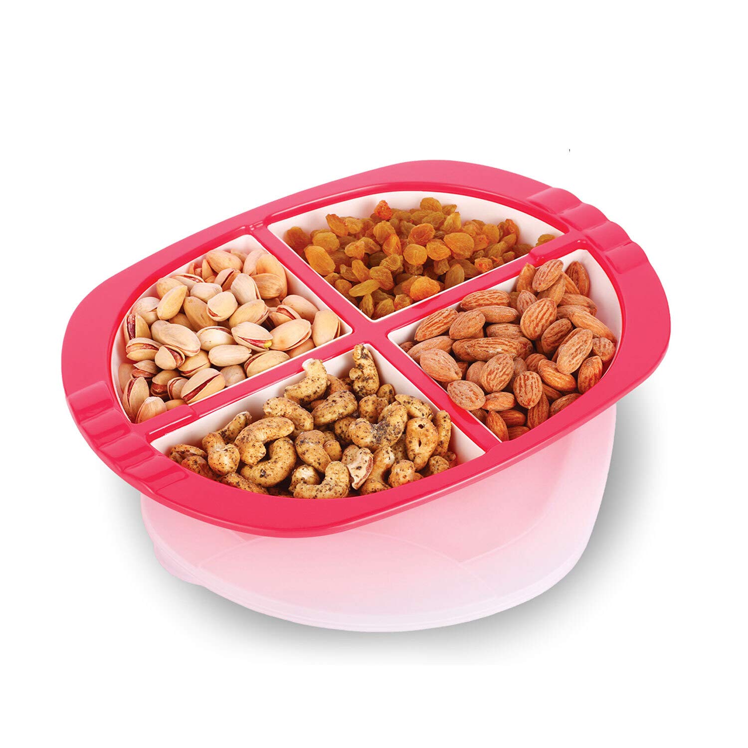 Oliveware Pearl Square Tray with Airtight Lid for Serving Dry Fruits, BPA Free, Storage & Serving Snacks, Dry Fruits, Biscuits, Candy, 4 Compartments (4x150 ml) - Red