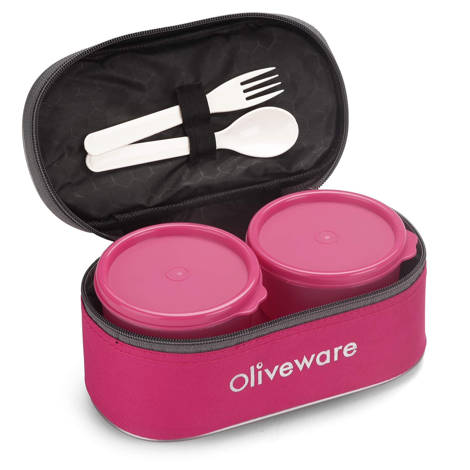 oliveware Double Decker Lunch Box Tiffin, 3 Containers with Plastic Spoon & Fork (300ml, 300ml & 450ml), 100% Leak Proof & BPA Free - Pink