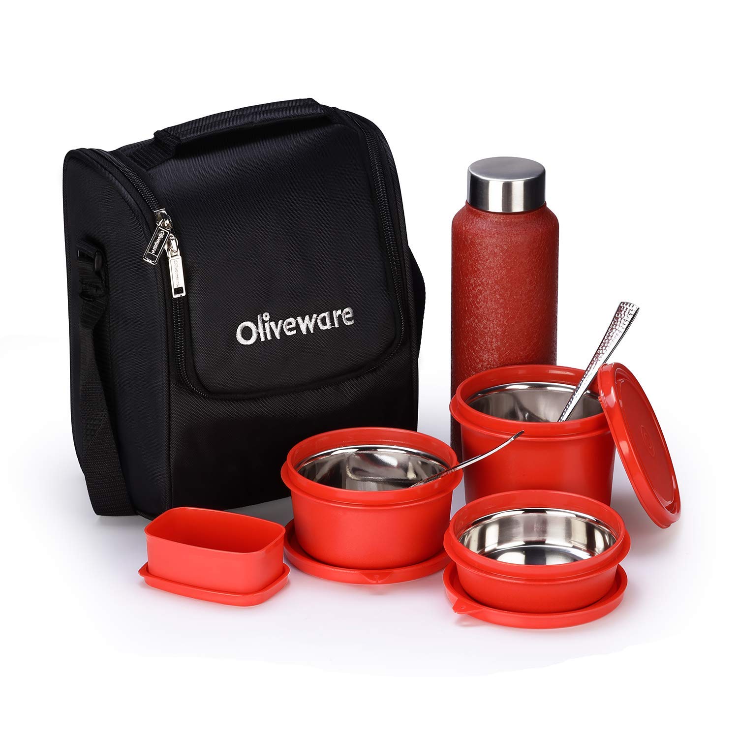 SOPL-OLIVEWARE Teso Pro Lunch Box With Steel Cutlery,3 Microwave Safe Inner Steel Containers With Bpa Free Lids(290Ml,450Ml&600Ml)Plastic Pickle Box(130Ml)Steel Water Bottle(750Ml)-Red,1470 Ml