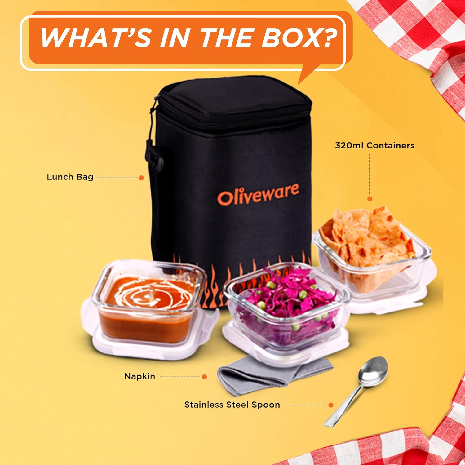 SOPL-OLIVEWARE Pablo Glassware Lunchbox, Napkin & Steel Spoon, Borosilicate Glass & Microwave Proof, 3 Container (320ml), Safety Lock Airtight Square Tiffin Storage Container- Blk_Org