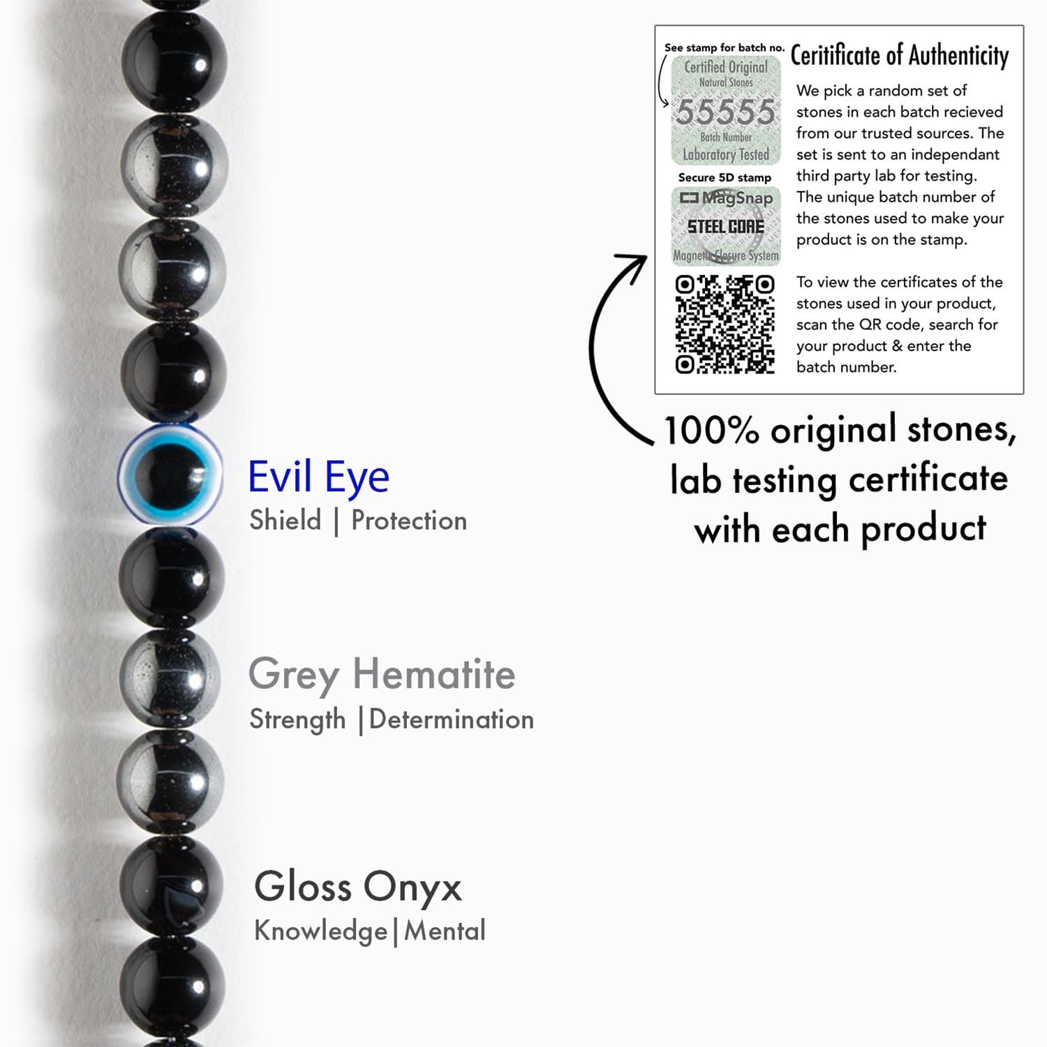 Protective Evil Eye Hematite Natural Stone Bracelet with Magsnap |Certified Natural Healing Stones for Protection & Balance