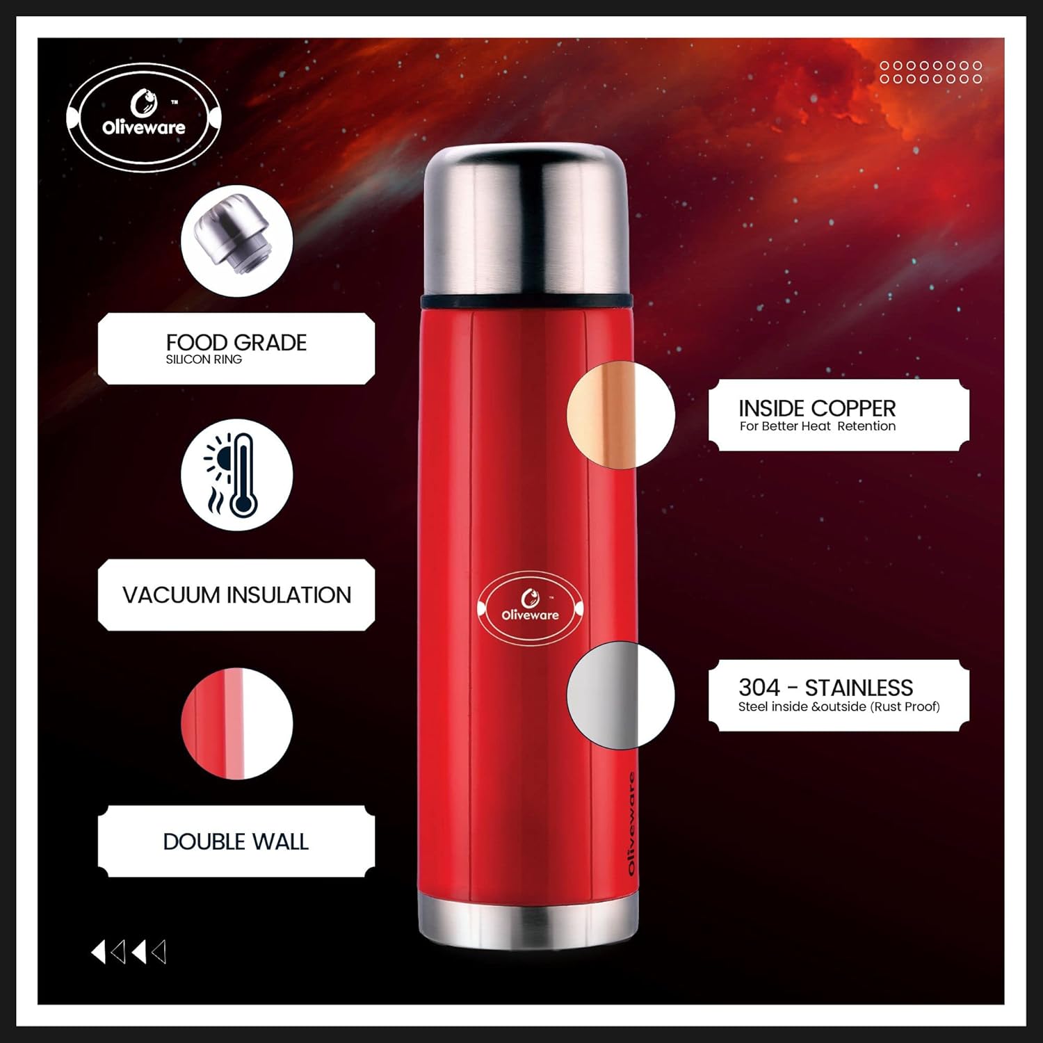 SOPL-OLIVEWARE Era Vacuum Double Wall Bottle, Stainless Steel (1000ml), Hot & Cold, Insulated Bottle, Fit for Indoor & Outdoors - Red