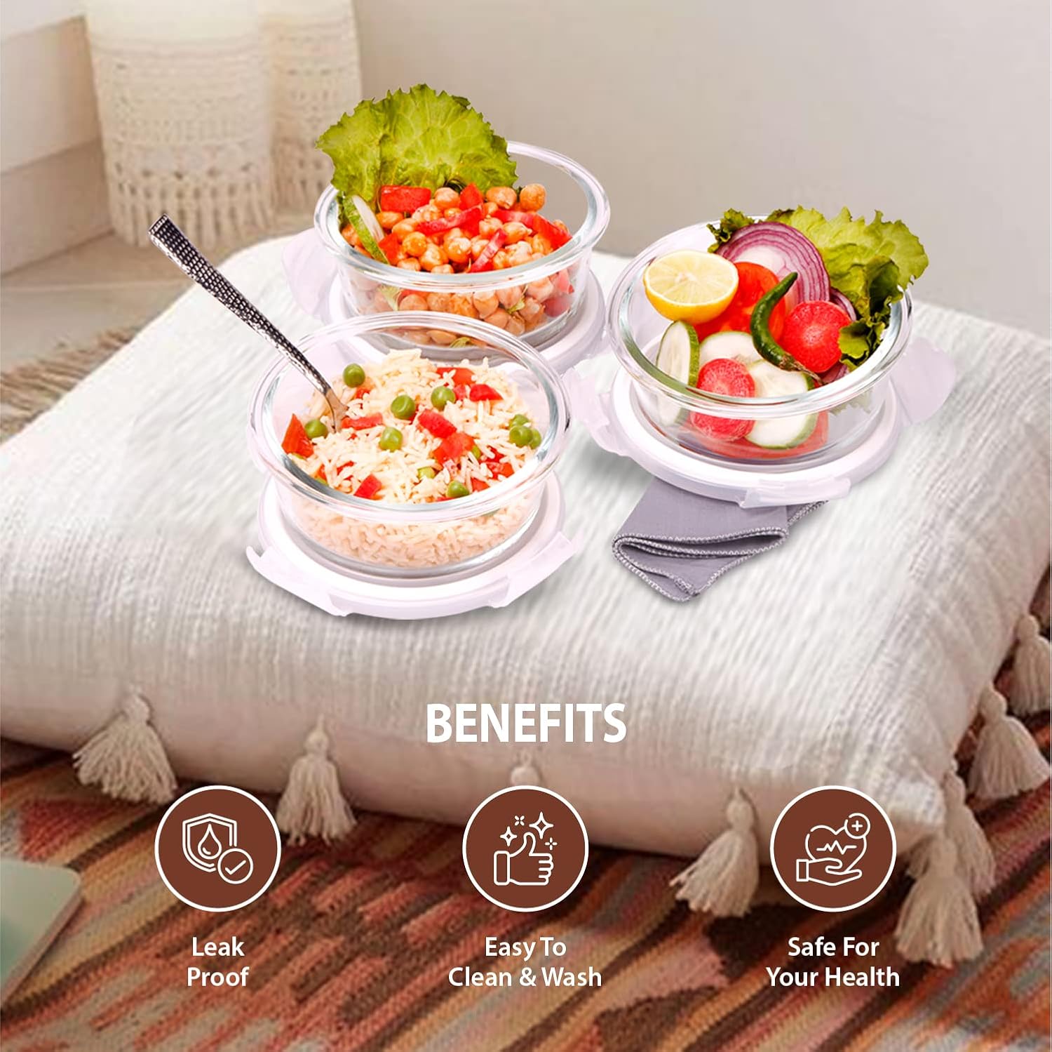 SOPL-OLIVEWARE Grace Glassware Round Lunchbox, Napkin & Steel Spoon, Borosilicate Glass & Microwave Proof, Set of 3 (400ml) - Grey