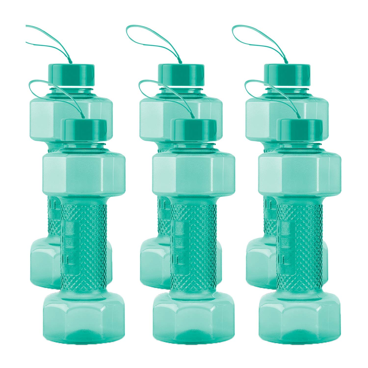 oliveware Plastic Dumbbell Water Bottle With Carry Strap, 750ml, Set of 6, Green
