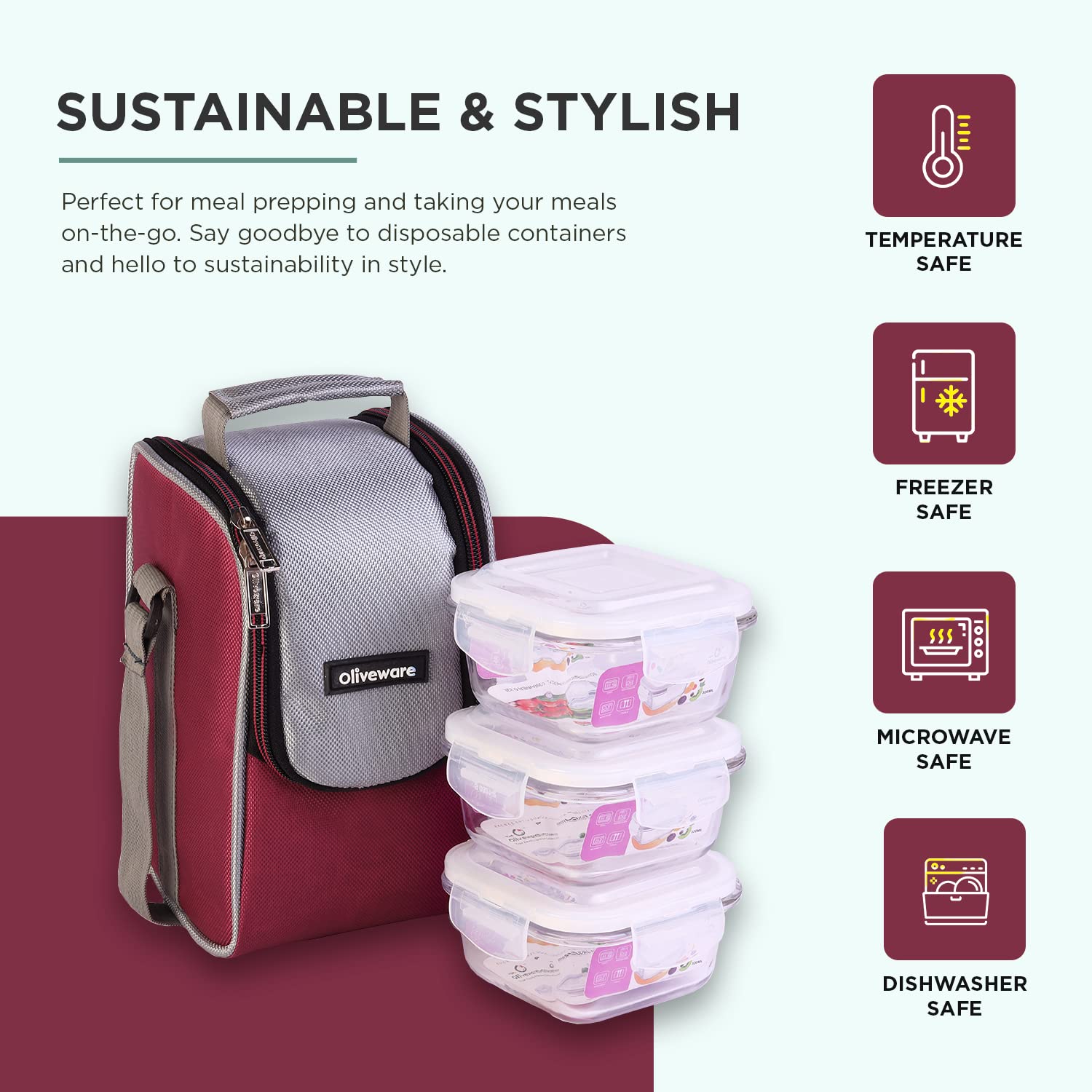 SOPL-OLIVEWARE Duke Glassware Lunchbox, Borosilicate Glass & Microwave Proof, Safety Lock Airtight Lid, 3 Container with 320ml Each - Red