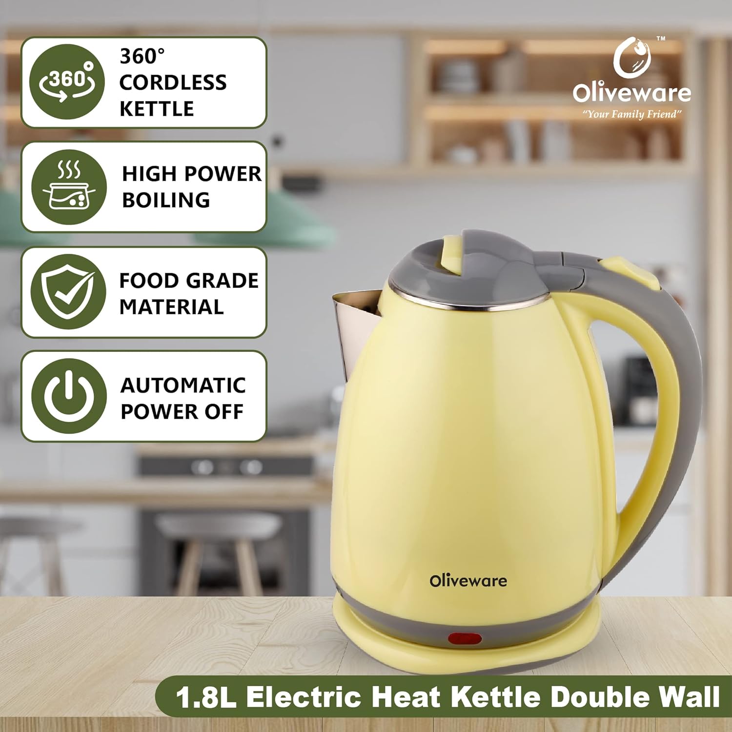 Elegant Electric Kettle by Oliveware, 1.8 Litre, 360 degree Rotation, Heat Protection Handle, Automatic Power off - (Green, 1800 ml)