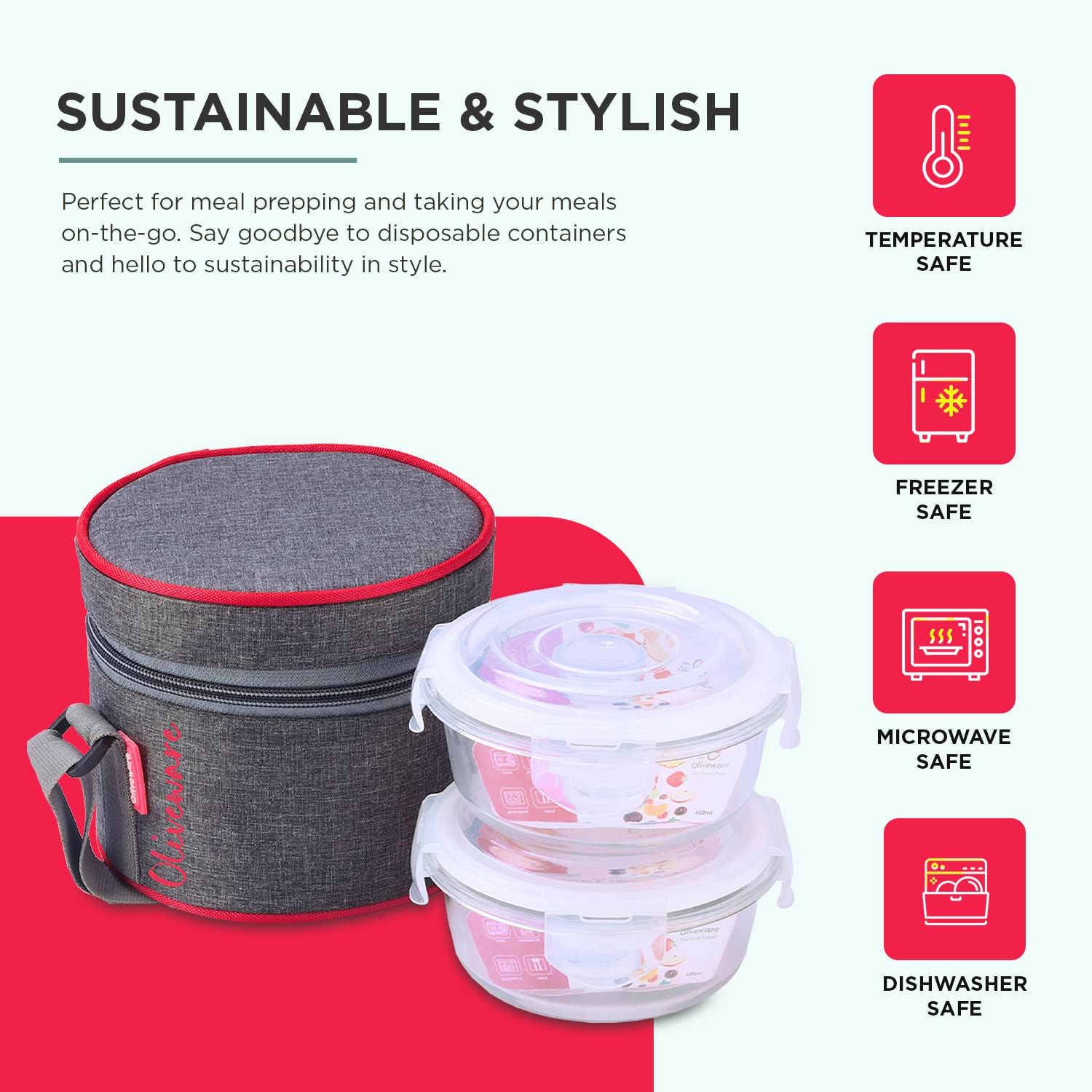 SOPL-OLIVEWARE Joy Glassware Round Lunchbox, Borosilicate Glass Containers, Microwave Safe & Leak Proof, 2 Containers with BPA Free Lids (400ml) Each - Red