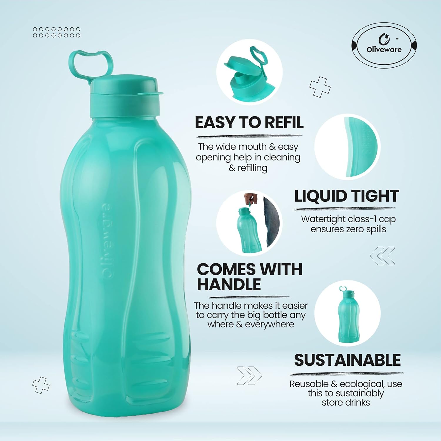 oliveware Jumbo 2 Litre Water Bottle, 100% Leak Proof, BPA Free Premium Plastic Bottle, for Home, Office & Gym, Sturdy with Holder, Pack of 2 (Red & Blue)