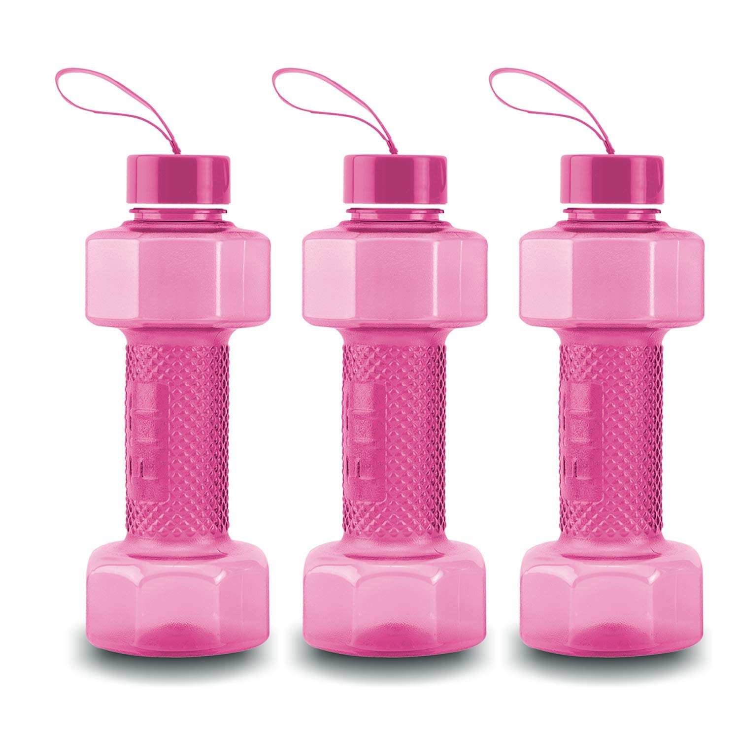 oliveware Plastic Dumbbell Water Bottle With Carry Strap, 750ml, Set of 6, Pink