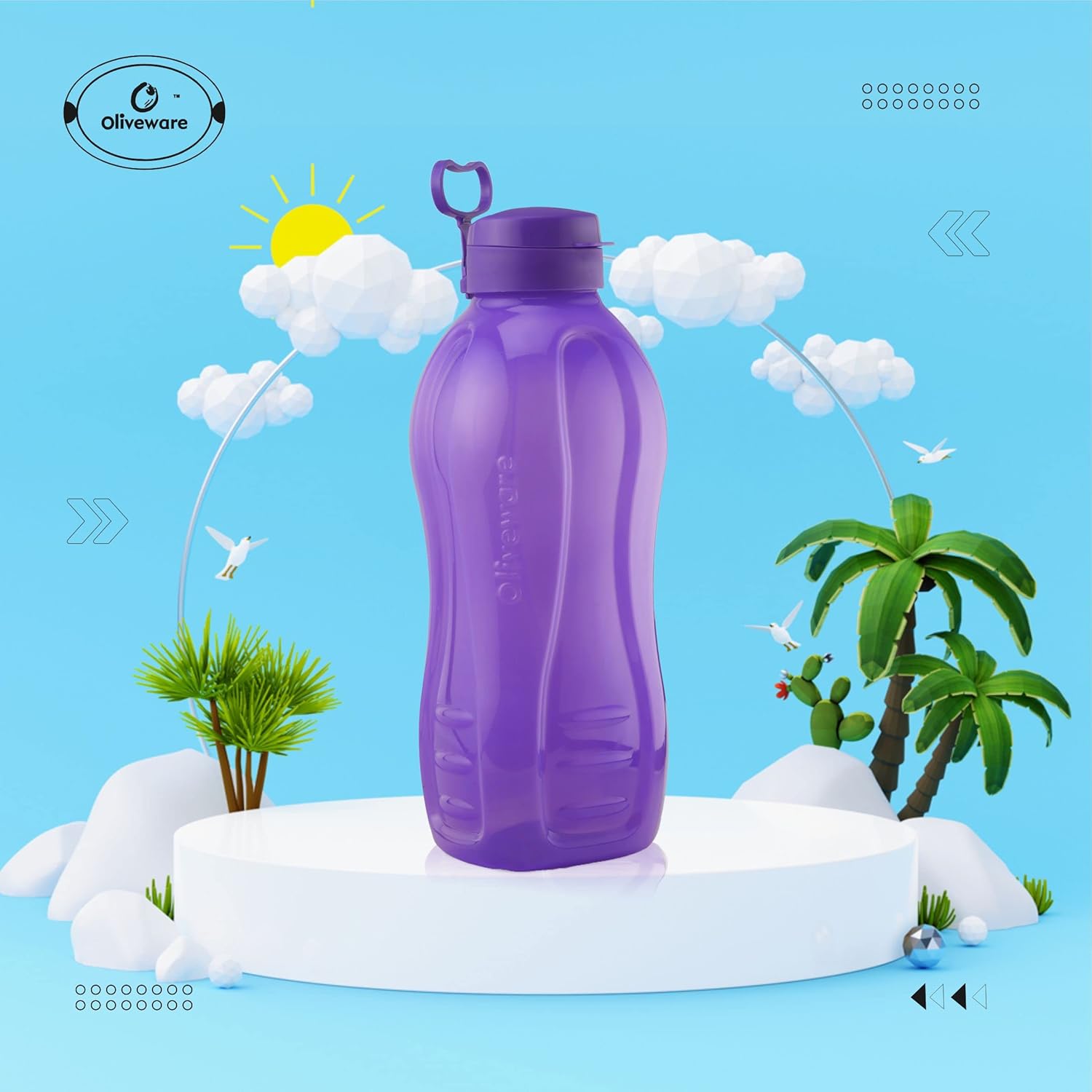 oliveware Jumbo 2 Litre Water Bottle, 100% Leak Proof, BPA Free Premium Plastic Bottle, for Home, Office & Gym, Sturdy with Holder, Pack of 3 (Voilet)