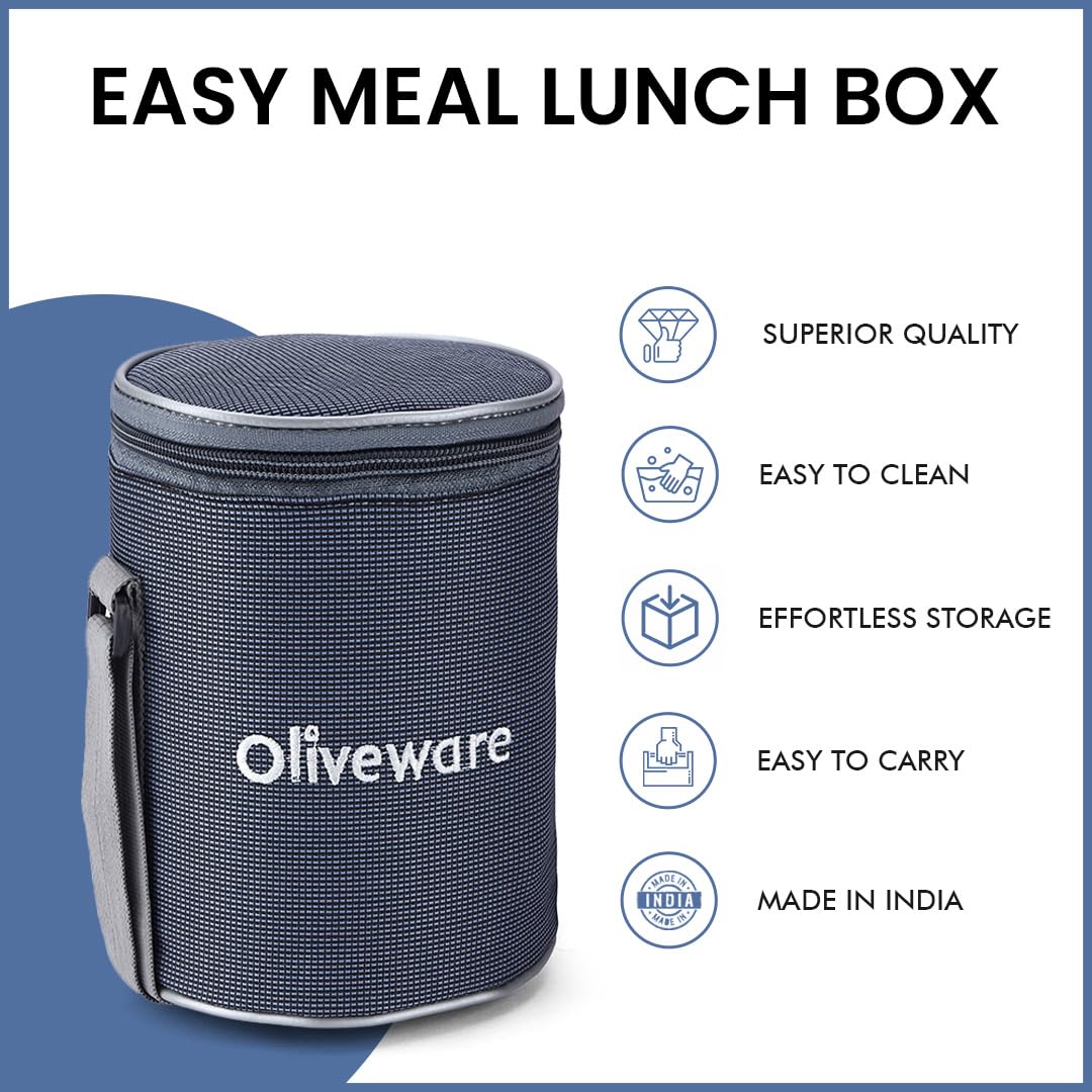oliveware Easy Meal Plastic Lunch Box with Insulated Fabric Bag, BPA Free & Leak Proof, Set of 3 (290ml, 600ml, 600ml), Full Meal - Blue