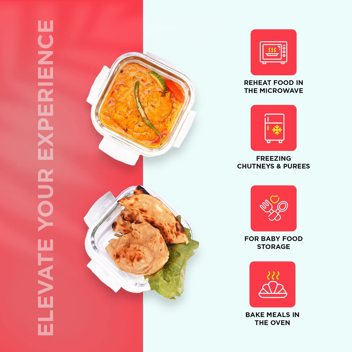 SOPL-OLIVEWARE Freshco Glassware Lunchbox, Borosilicate Glass & Microwave Proof, Safety Lock Airtight Lid, 2 Container with Steel Spoon (320ml) Each - Red