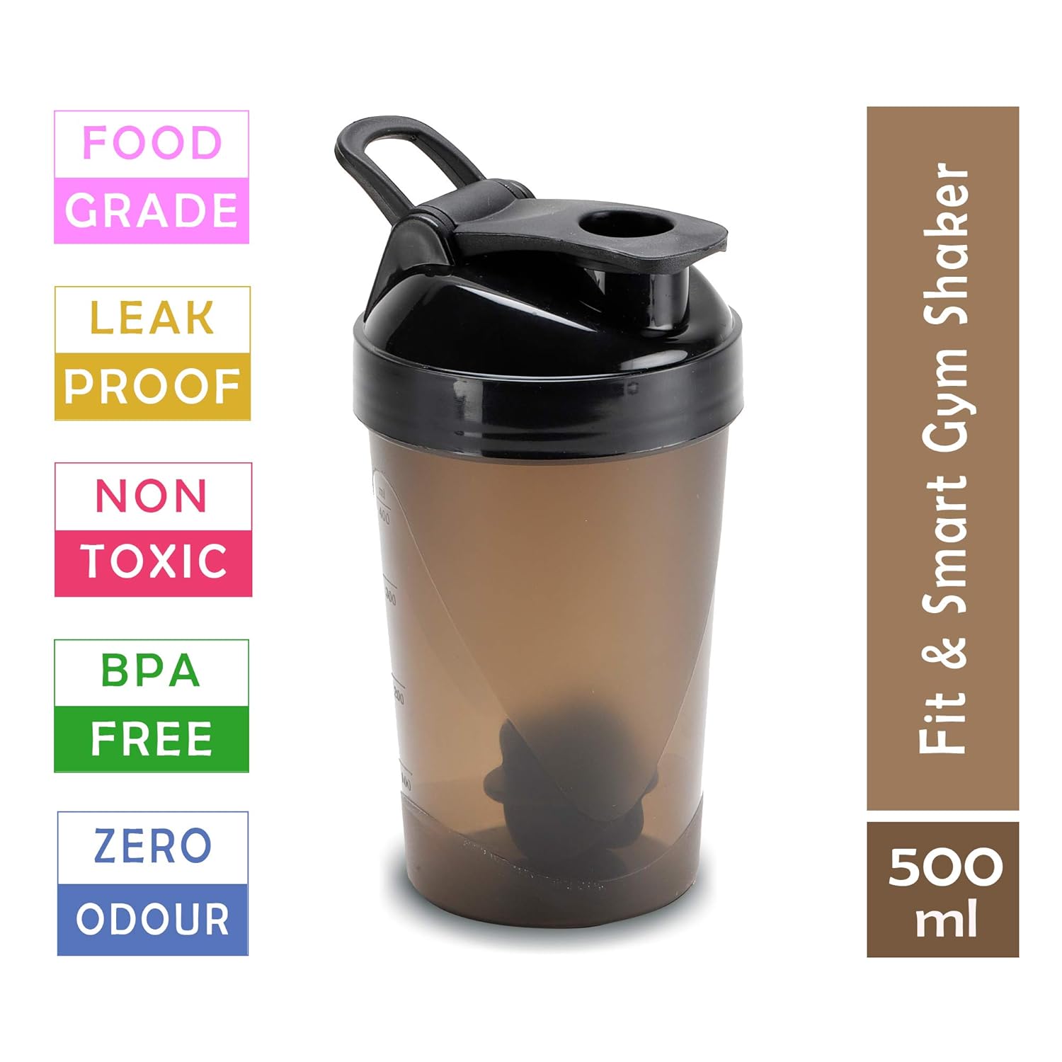 oliveware Smart and Fit Black Gym Shaker with 100% Leal Proof Guarantee, BPA Free Plastic, Ideal for Protein, Set of 1-500 ml