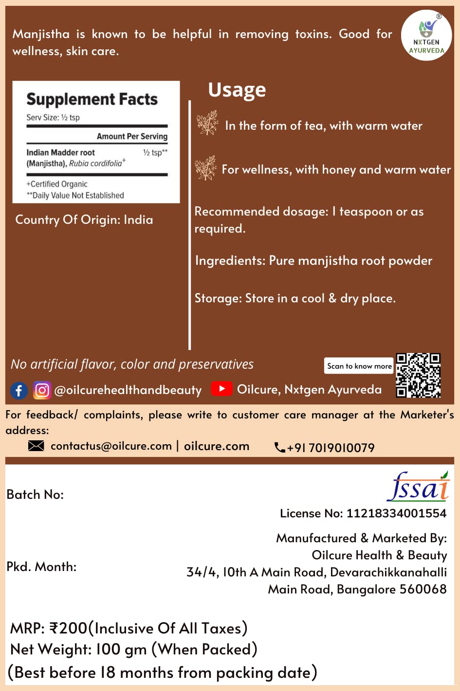 Nxtgen Ayurveda Manjistha Powder| 200 gm | Pure | Rubia Cordifolia