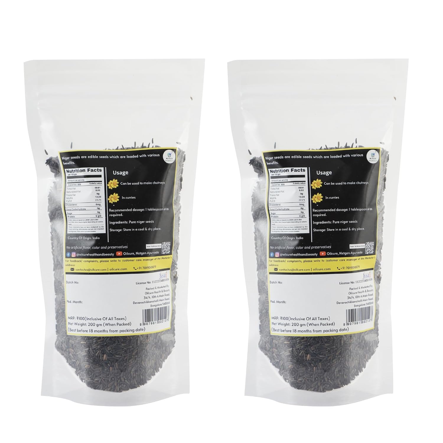 Nxtgen Ayurveda Niger Seeds Raw | Pack of 2 | 200g Each | Ramtil | Guizotia Abyssinica