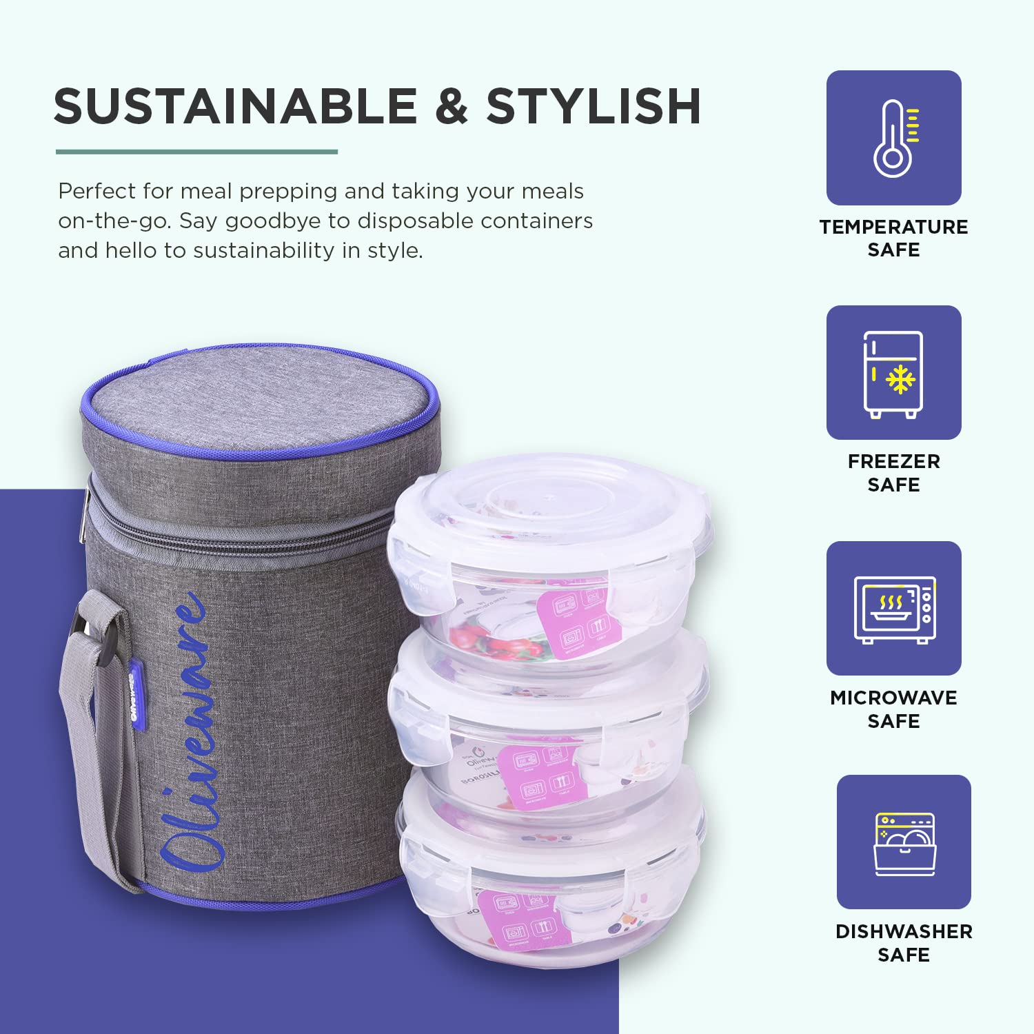 SOPL-OLIVEWARE Innox Glassware Lunchbox, Borosilicate Glass Containers, Microwave Safe & Leak Proof, 3 Containers with BPA Free Airtight Lid (400ml) Each - Blue