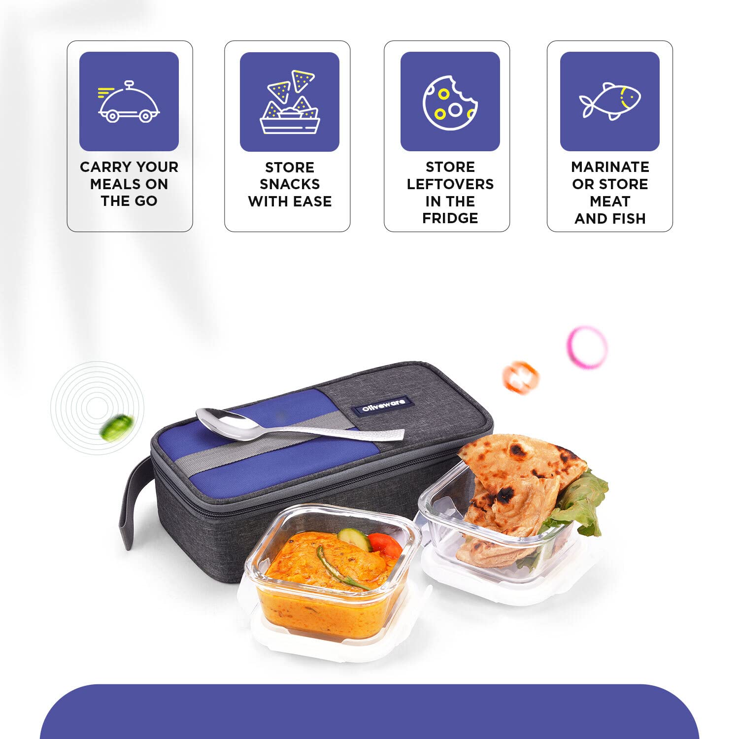 SOPL-OLIVEWARE Freshco Glassware Lunchbox, Borosilicate Glass & Microwave Proof, Safety Lock Airtight Lid, 2 Container with Steel Spoon (320ml) Each - Blue