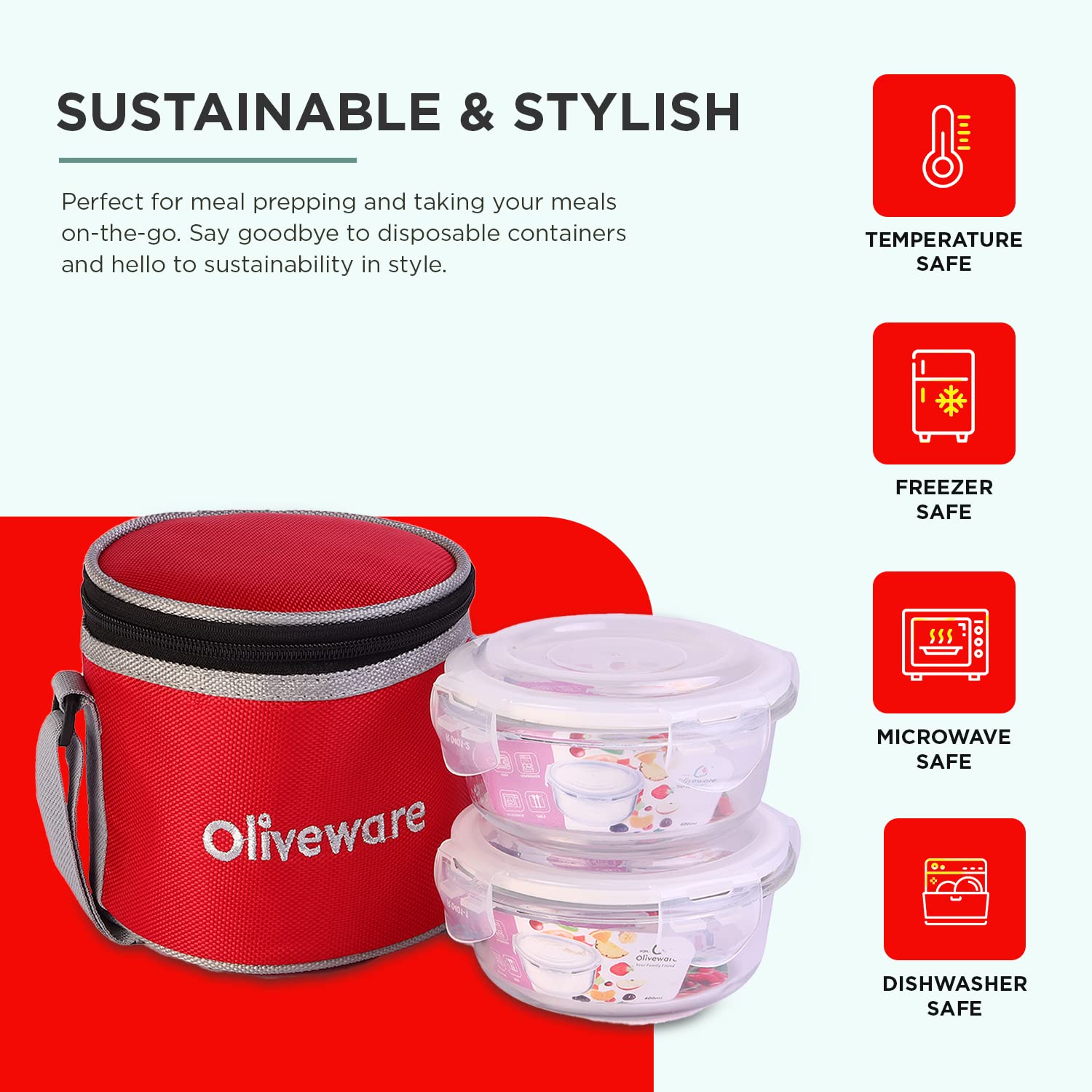 SOPL-OLIVEWARE Bold Glassware Lunchbox, Borosilicate Glass Containers, Microwave Safe & Leak Proof, Set of 2 with BPA Free Lid (400ml) Each - Red