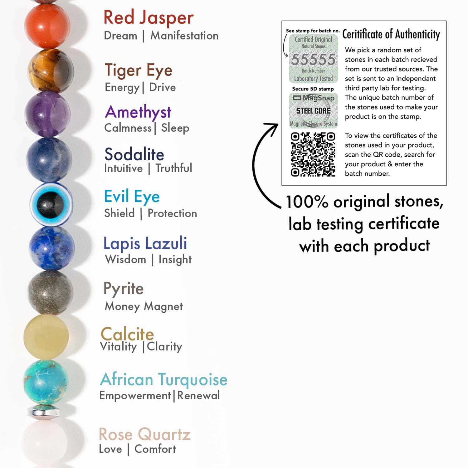 Solace Rose Quartz 9 Chakras Natural Stone Bracelet with Magsnap | Solace Rose Quartz 9 Chakra Natural Stone Bracelet | Healing Bracelet with Certified Natural Stones for Love & Balance