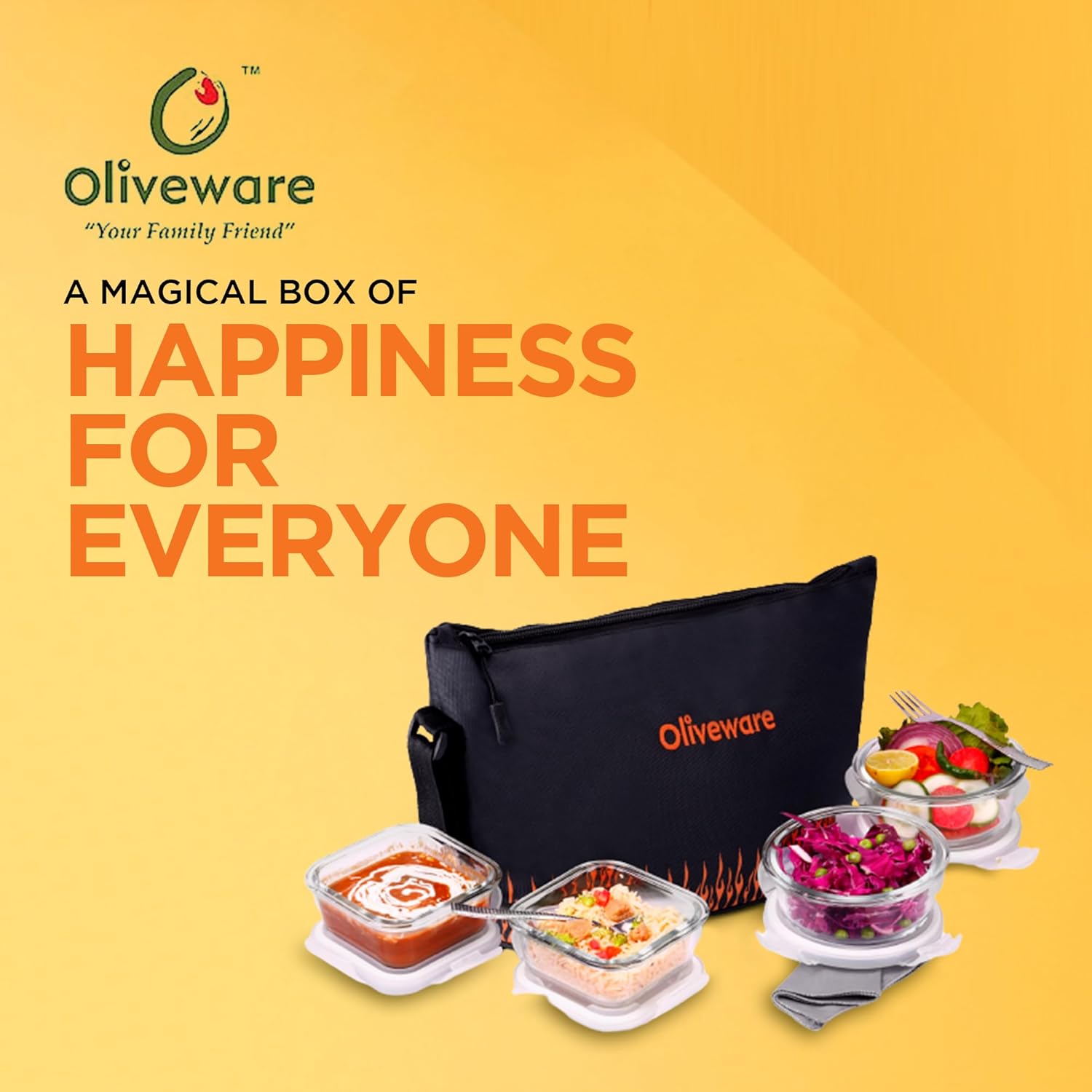 SOPL-OLIVEWARE Musk Glassware Lunchbox with Napkin & Steel Cutlery, Borosilicate Glass & Microwave Proof, Safety Lock Airtight Square Tiffin, 4 Container (2 * 320ml & 2 * 400ml) - Black&Orange