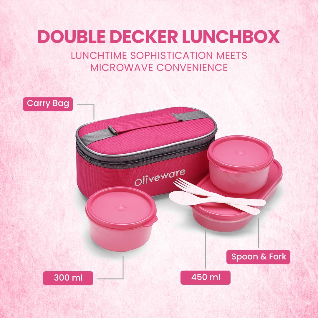 oliveware Double Decker Lunch Box Tiffin, 3 Containers with Plastic Spoon & Fork (300ml, 300ml & 450ml), 100% Leak Proof & BPA Free - Pink