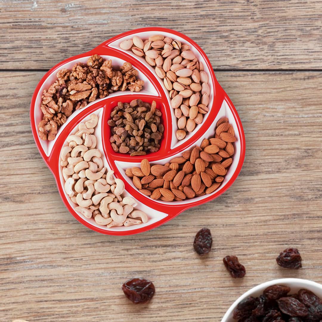 Oliveware Elegant Plastic Dry Fruit Tray with Airtight Lid, BPA Free, 5 Compartments (4x160 ml,1x100 ml), for Snacks and Dry Fruits - Red