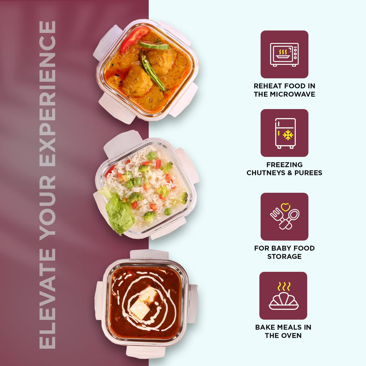 SOPL-OLIVEWARE Duke Glassware Lunchbox, Borosilicate Glass & Microwave Proof, Safety Lock Airtight Lid, 3 Container with 320ml Each - Red