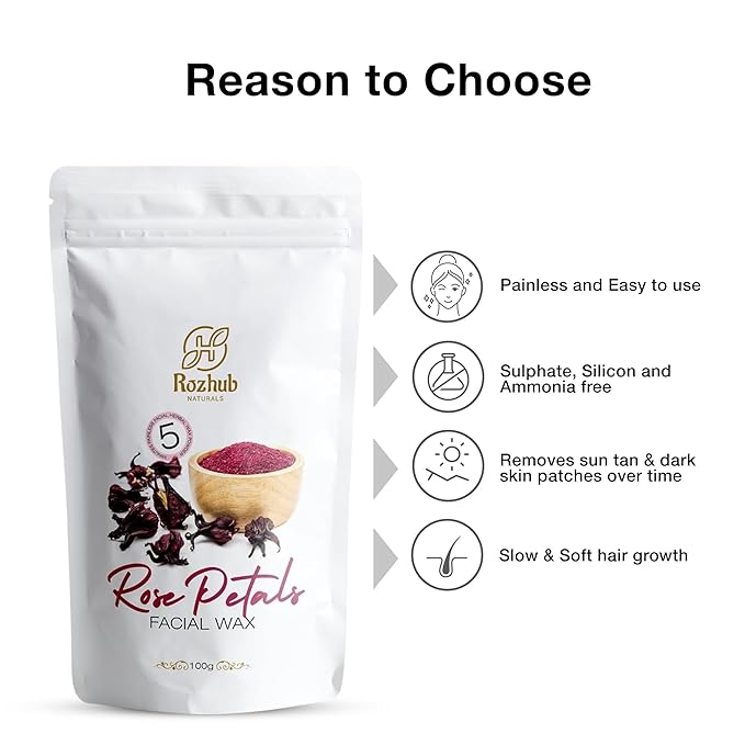 Rozhub Naturals Rose Petals Facial Wax Powder - Gentle Petal-Soft Skin at Your Fingertips - 100g