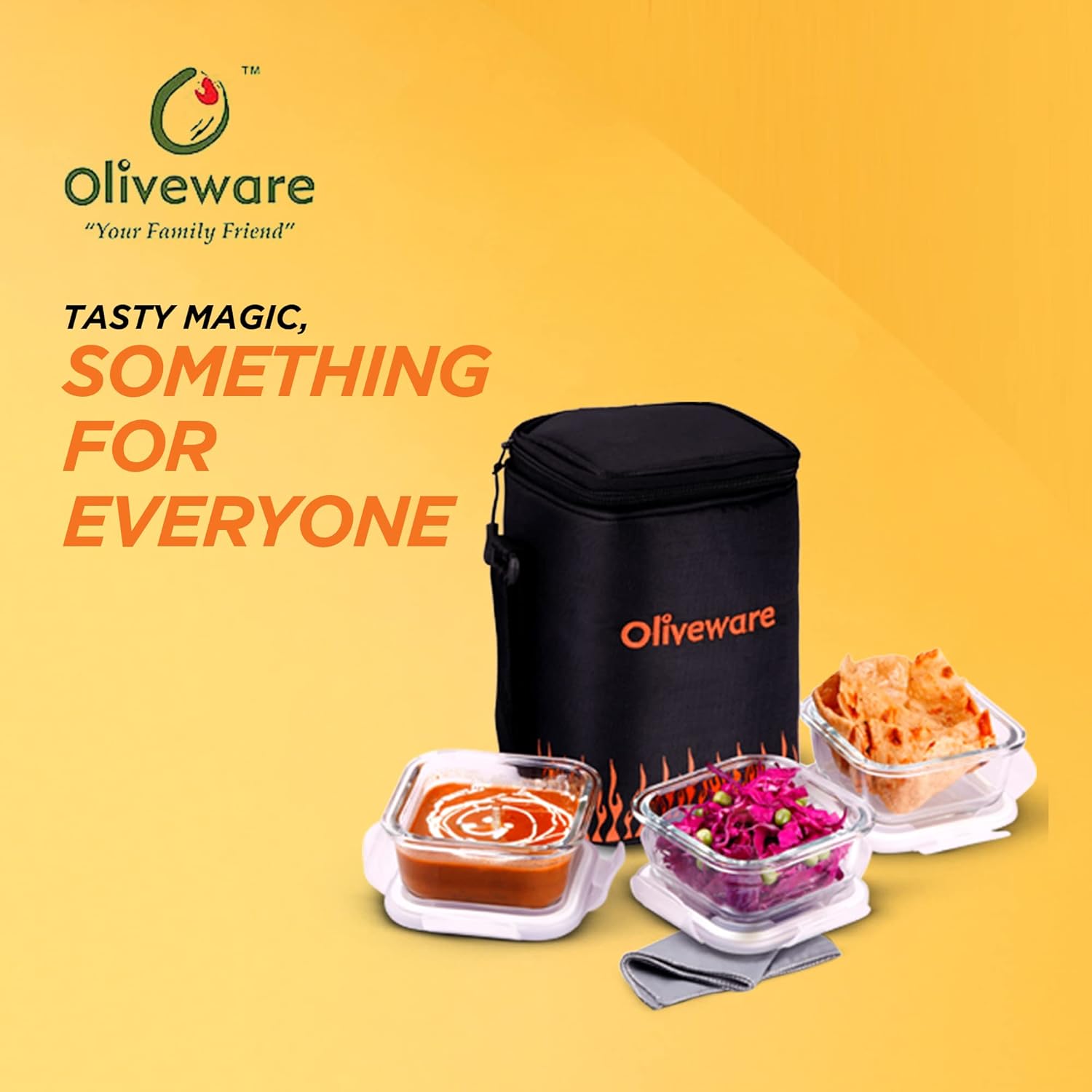 SOPL-OLIVEWARE Pablo Glassware Lunchbox, Napkin & Steel Spoon, Borosilicate Glass & Microwave Proof, 3 Container (320ml), Safety Lock Airtight Square Tiffin Storage Container- Blk_Org