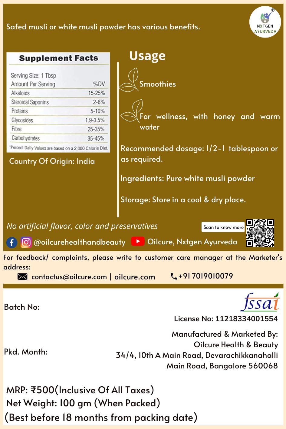 Nxtgen Ayurveda Safed Musli | White Musli Root | Chlorophytum | 100 gms