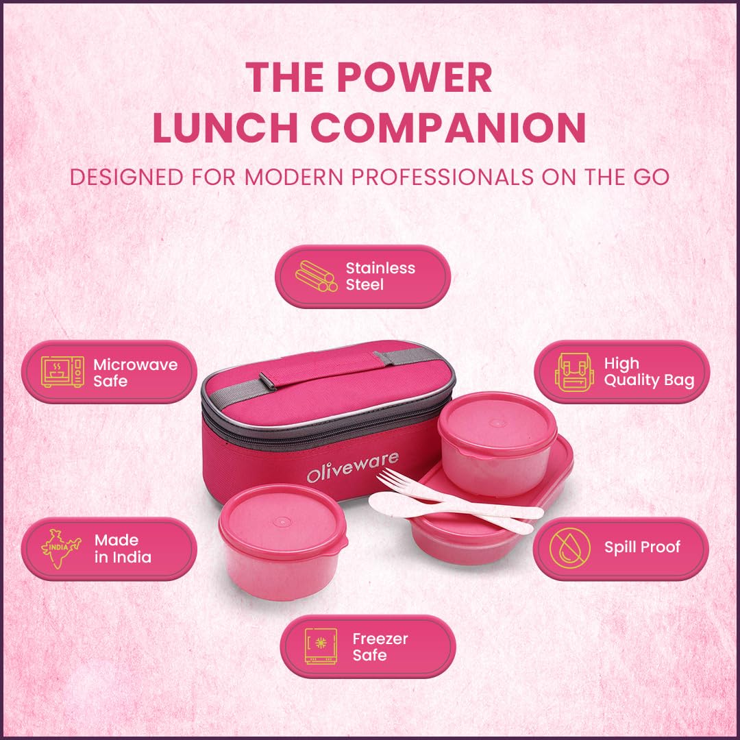 oliveware Double Decker Lunch Box Tiffin, 3 Containers with Plastic Spoon & Fork (300ml, 300ml & 450ml), 100% Leak Proof & BPA Free - Pink