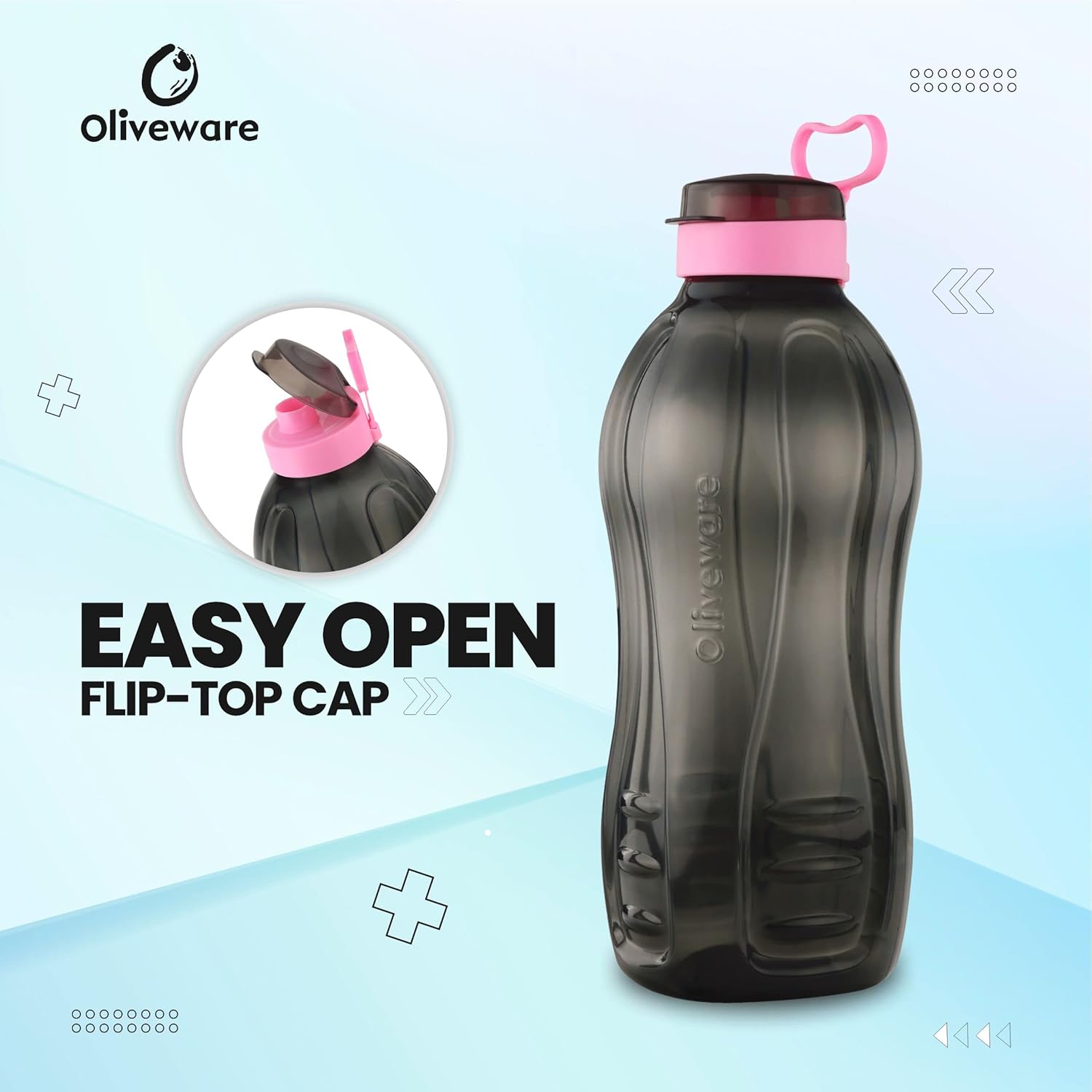 oliveware Jumbo 2 Litre Water Bottle | for Home, Office & Gym | Sturdy with Holder | 100% Leak Proof | BPA Free Premium Plastic Bottle- Pack of 1(Black_Pink)