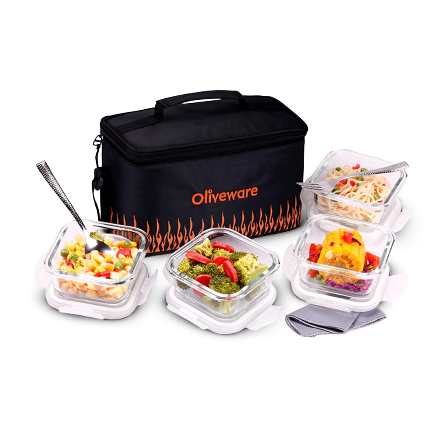 OLIVEWARE Olivia Borosilicate Glassware Lunchbox with Napkin & Steel Cutlery, Microwave Proof, Safety Lock Airtight Square, Set of 4 (320ml) Each - Black & Orange