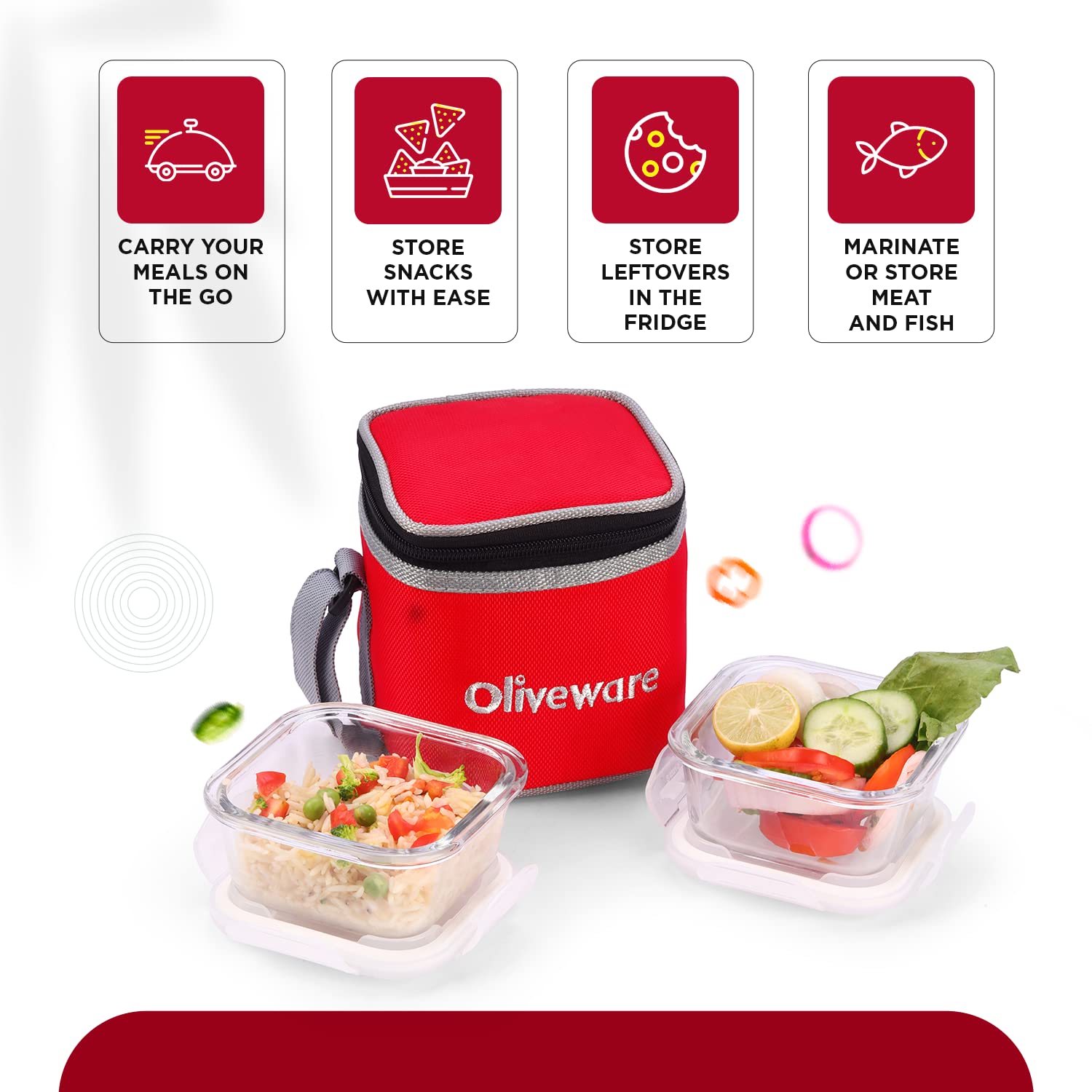 SOPL-OLIVEWARE Deluxe Glassware Lunchbox, Borosilicate Glass, Microwave & Freezer Safe, 2 containers with BPA Free Airtight Lids (320ml) - Red