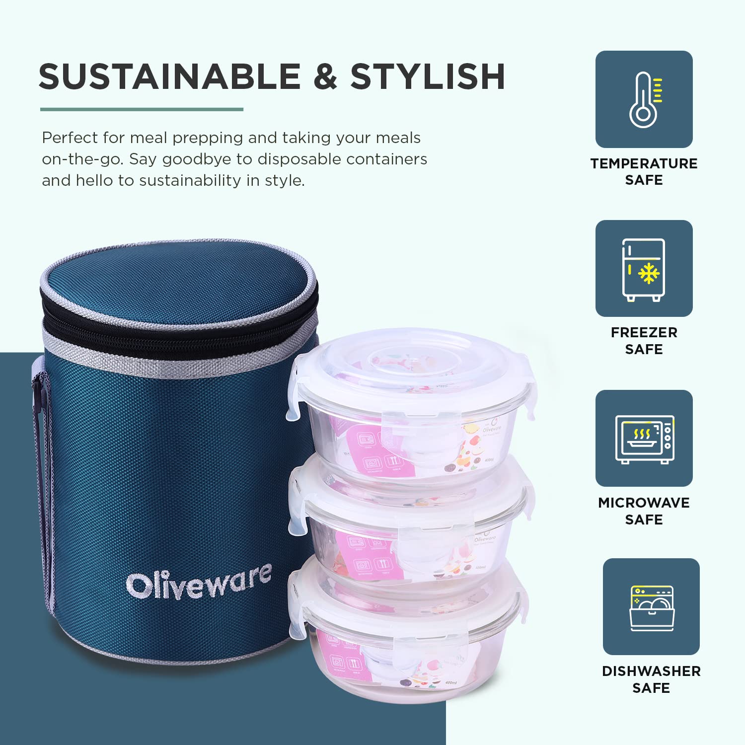 SOPL-OLIVEWARE Pebble Glassware Lunchbox, Borosilicate Glass, Microwave & Freezer Safe, Set of 3 with BPA Free Lid (400ml) Each - Blue