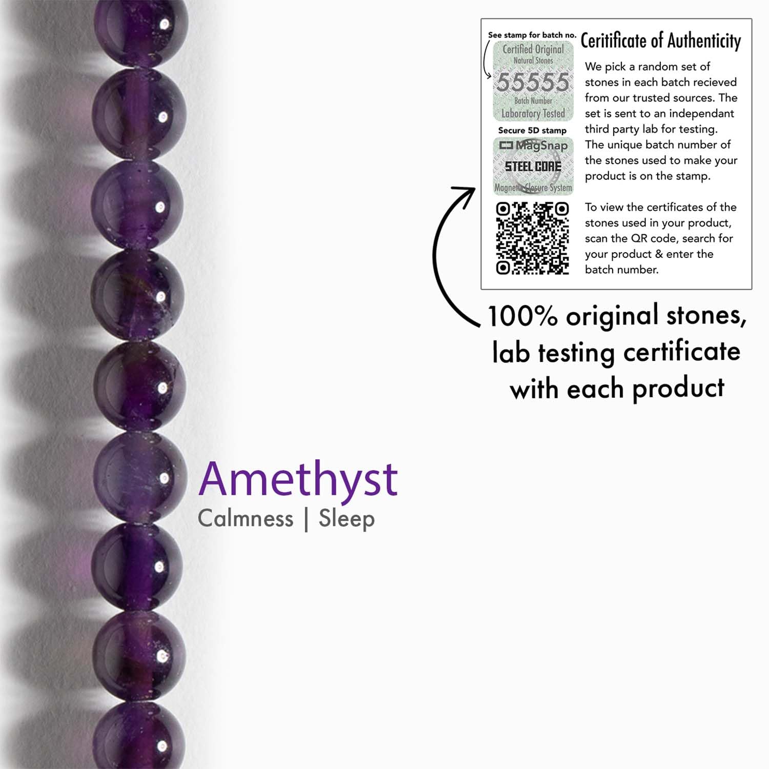 Wellness Amethyst Natural Stone Bracelet with Magsnap | Wellness Amethyst Natural Stone Bracelet | Certified Healing Stones for Calmness & Balance