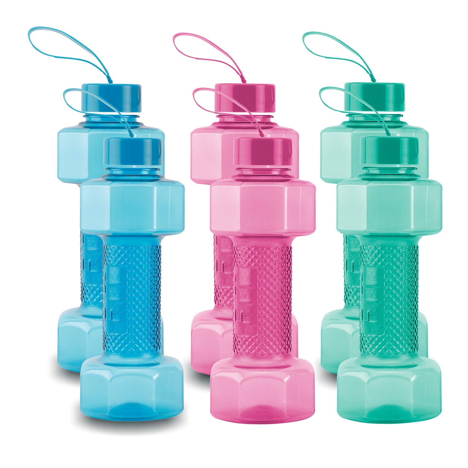 oliveware Plastic Dumbbell Water Bottle With Carry Strap, 750ml, Set of 6, Multicolour