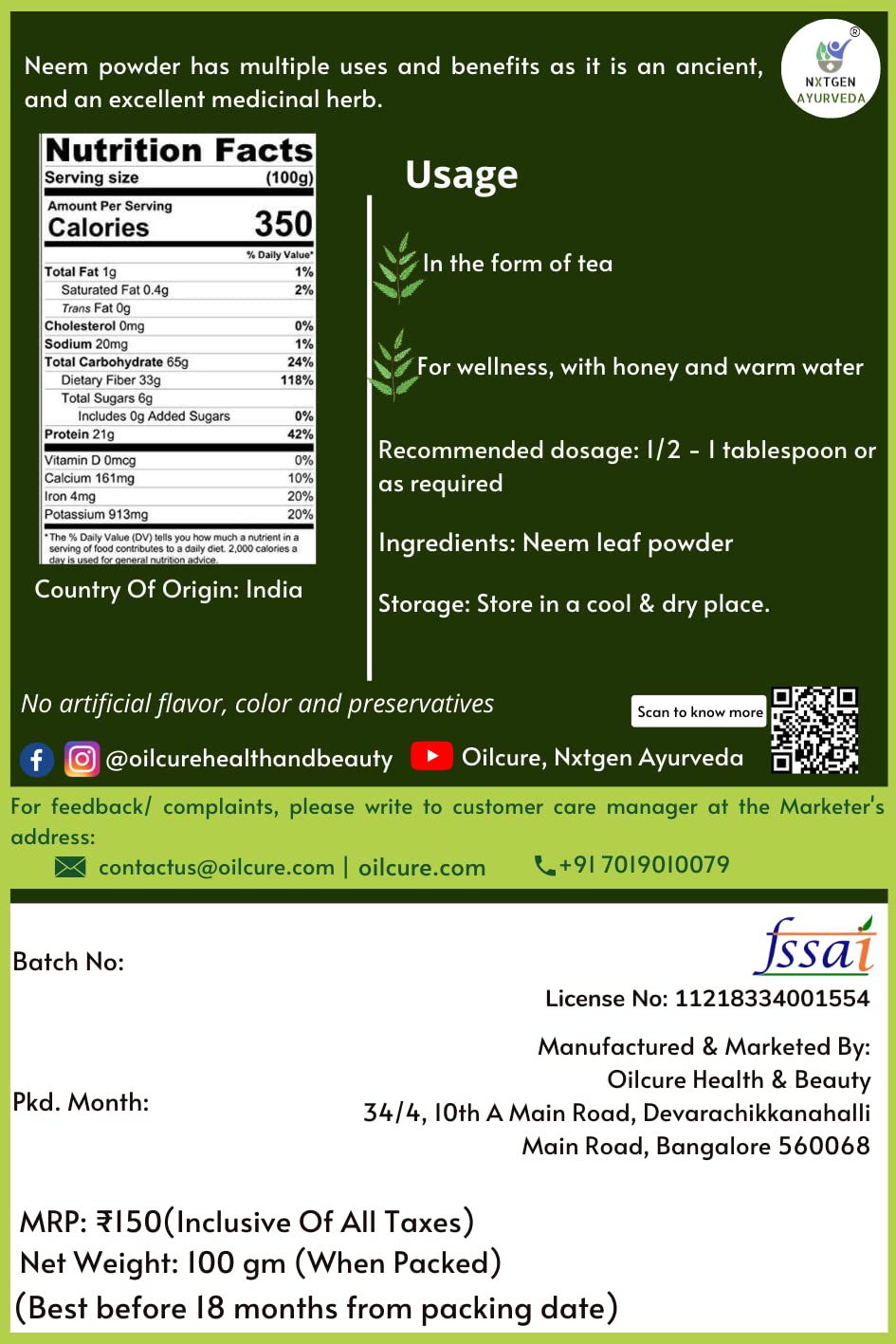 Nxtgen Ayurveda Neem Powder | 100 gm | Pure | Food Grade