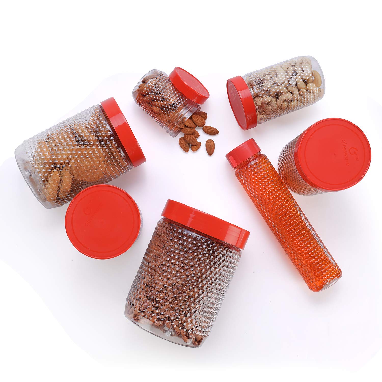 oliveware Honeycomb Range Kitchen Container, Air Tight Storage with Fridge Bottles, BPA Free, Set of 18 (15 Boxes + 3 Water Bottles) - Brown