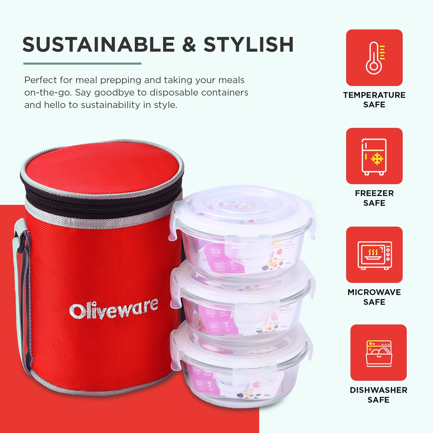 SOPL-OLIVEWARE Pebble Round Glassware Lunch Box, Borosilicate Glass, Leak Proof & Microwave Safe, 3 Containers (400ml) with BPA Free Lids - Red