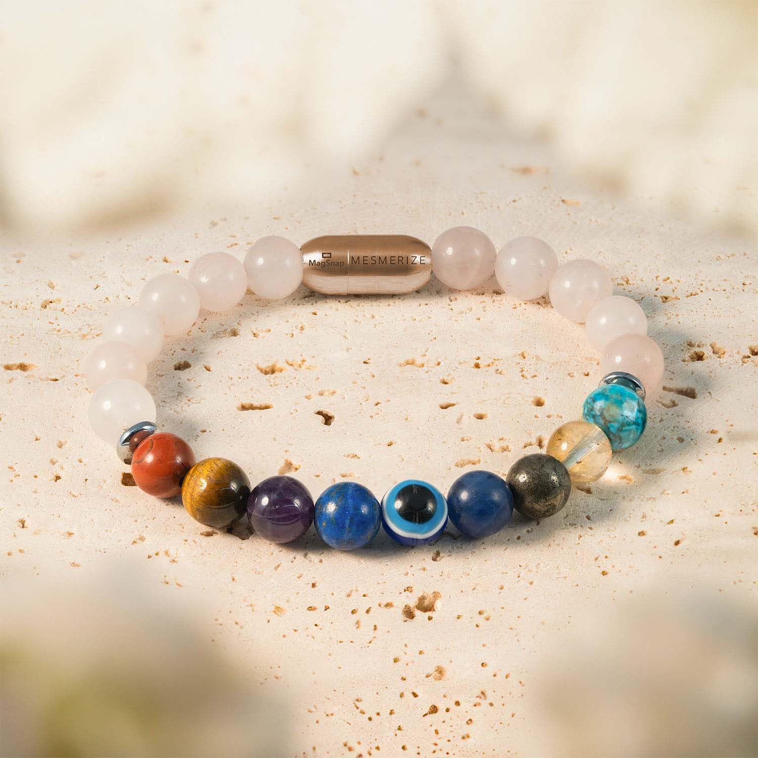 Solace Rose Quartz 9 Chakras Natural Stone Bracelet with Magsnap | Solace Rose Quartz 9 Chakra Natural Stone Bracelet | Healing Bracelet with Certified Natural Stones for Love & Balance