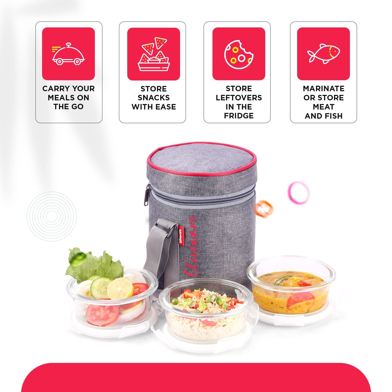SOPL-OLIVEWARE Innox Glassware Lunchbox, Borosilicate Glass Containers, Microwave Safe & Leak Proof, 3 Containers with BPA Free Airtight Lids (400ml) Each - Red
