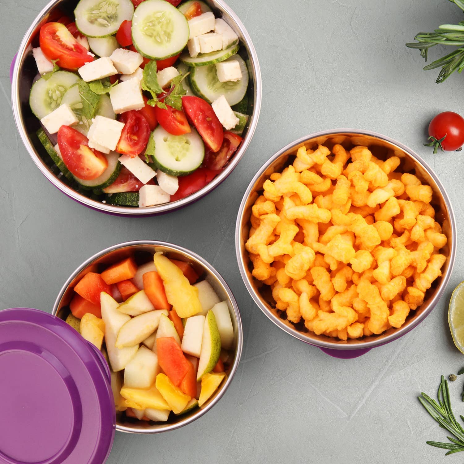 SOPL-OLIVEWARE Tulip Storage Containers, Microwave Safe & BPA Free, Stainless Steel, Store & Serve, 3 Containers (500ml, 800ml, 1250ml) - Violet