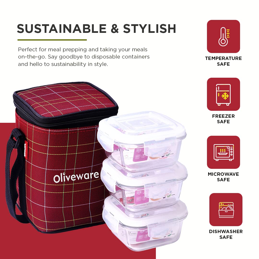 SOPL-OLIVEWARE Spyker Glassware Square Lunchbox, Borosilicate Glass Containers, Microwave Safe & Leak Proof, 3 Containers with BPA Free Lids (320ml) Each - Red