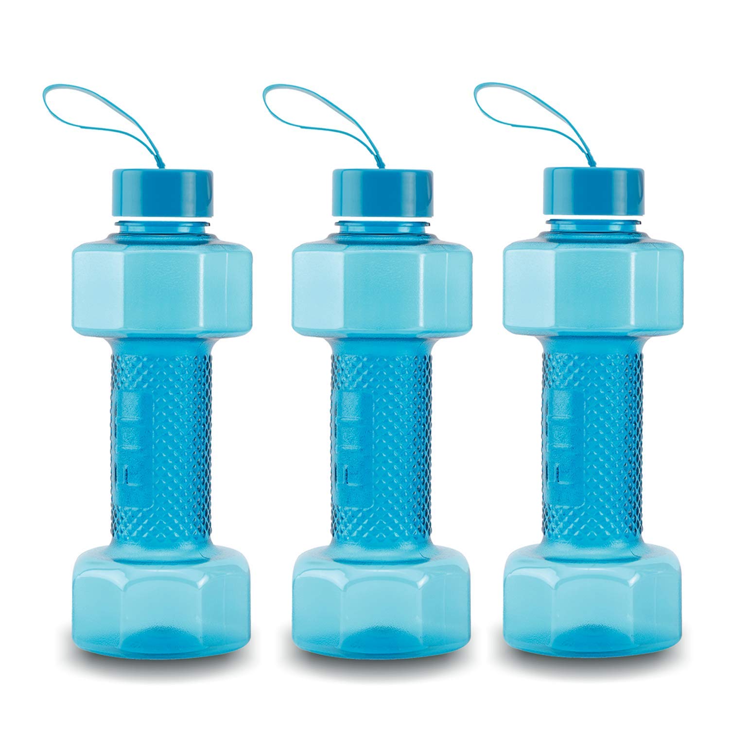 oliveware Plastic Dumbbell Water Bottle With Carry Strap, 750ml, Set of 3, Blue