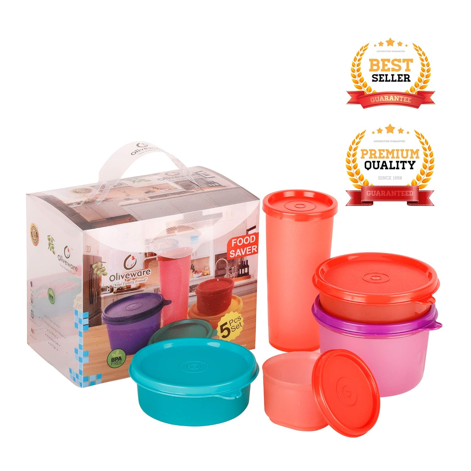 Oliveware Food Saver Set | 4 Air-Tight & Spill Proof Containers with Sipper | Multi Use & Storage | Leak Proof & Microwave Safe | Highgrade Plastic