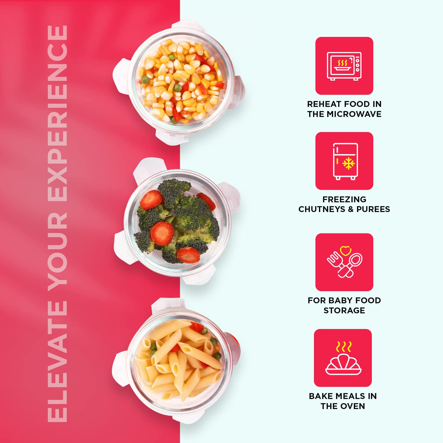 SOPL-OLIVEWARE Innox Glassware Lunchbox, Borosilicate Glass Containers, Microwave Safe & Leak Proof, 3 Containers with BPA Free Airtight Lids (400ml) Each - Red