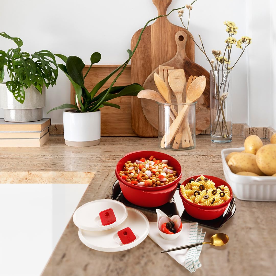 oliveware Micro Dynasty Containers with Air Vent Lid, Microwave & Dishwasher Safe, BPA Free, Store and Serve, Set of 2 (1 Big 2000ml & 1 Small 900ml) - Maroon